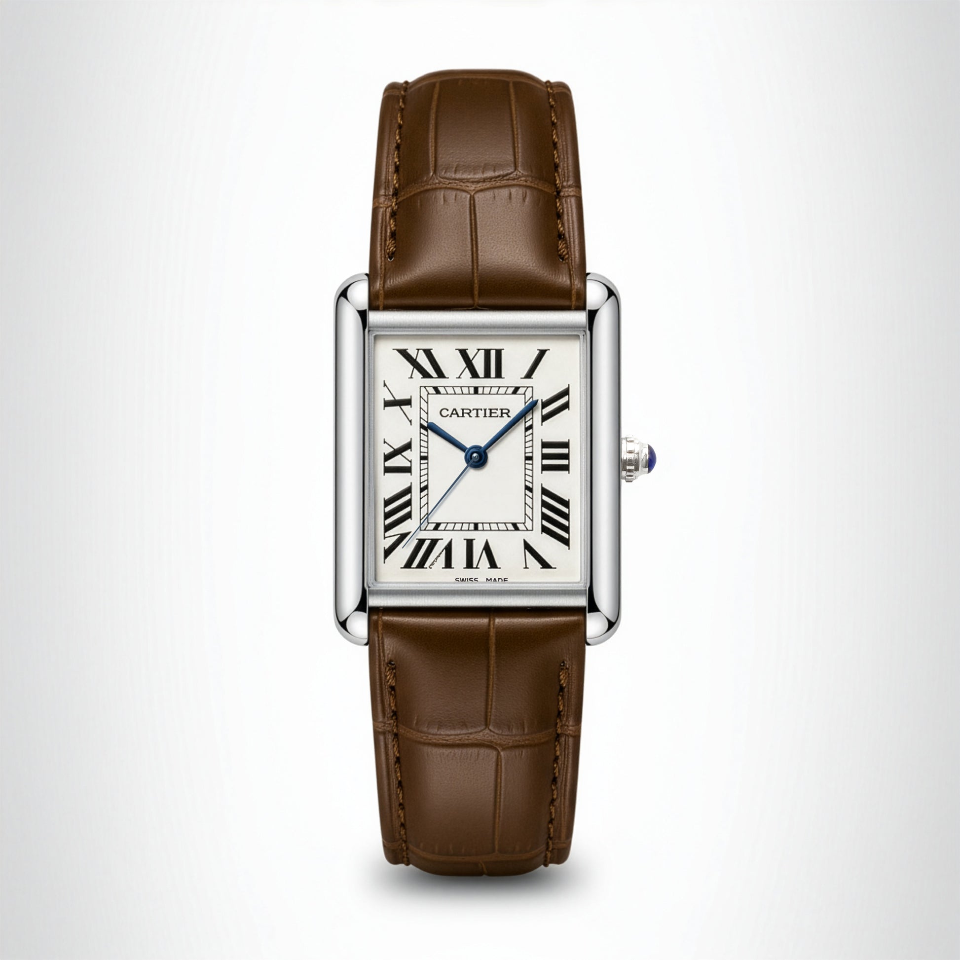 Cartier watch with brown leather strap on a white background
