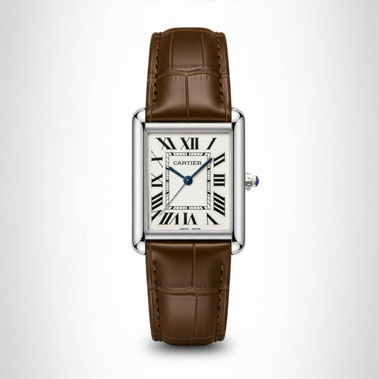 Cartier watch with brown leather strap on a white background