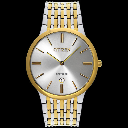 A CITIZEN quartz watch with a silver dial and gold stainless steel bracelet. The watch has a butterfly clasp and displays time and date.