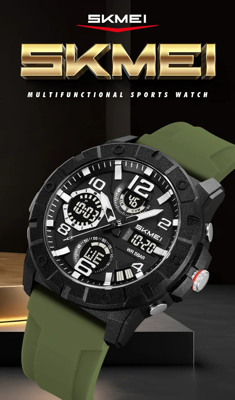 SKMEI multifunctional sports watch with green strap on a dark background
