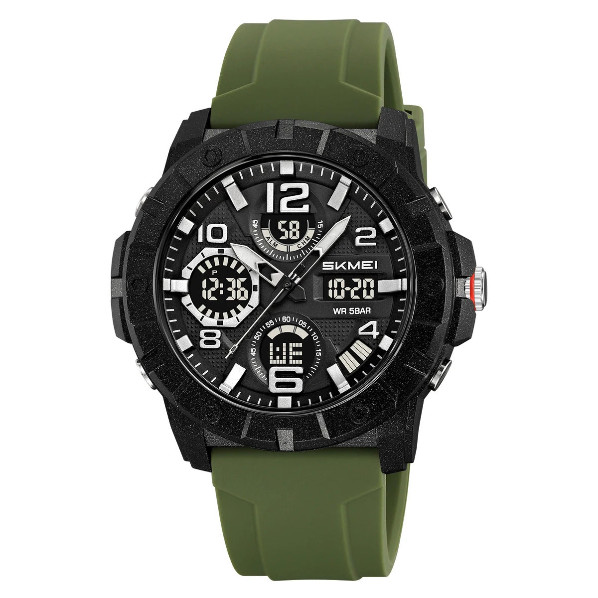 Green watch with black case and digital display on a white background