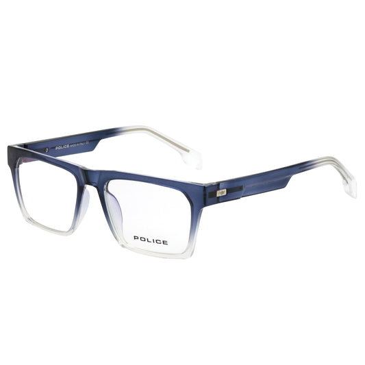 Blue eyeglasses with 'Police' branding on a white background