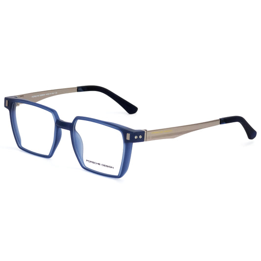 Blue eyeglasses with Porsche Design logo on a white background