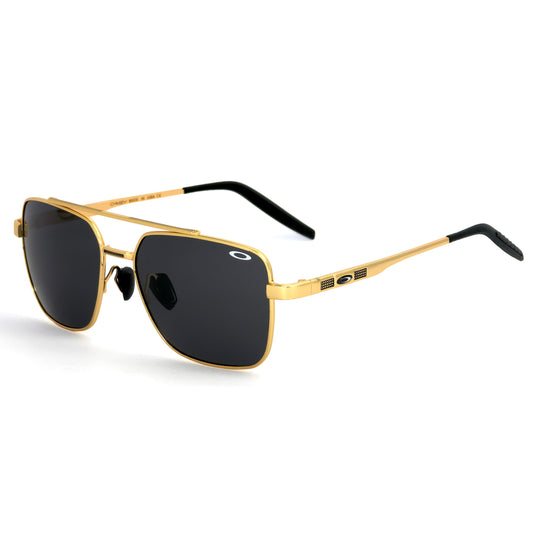Gold-framed sunglasses with black lenses on a white background