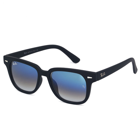 Black sunglasses with blue gradient lenses on a white background