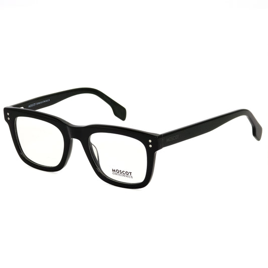 Black eyeglasses with 'Moscot' logo on a white background