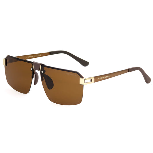 Sunglasses with brown lenses and gold accents on a white background