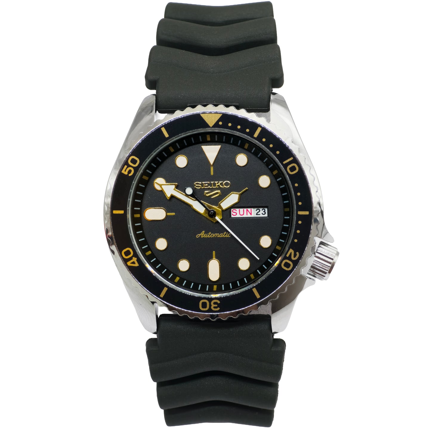 Seiko watch with black rubber strap on a white background