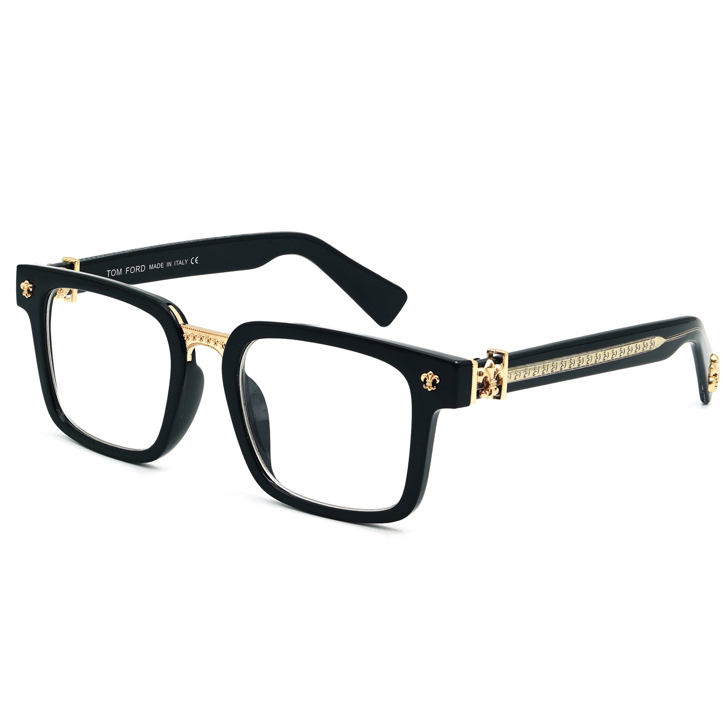 A pair of Tom Ford eyeglasses with a black and gold frame, showing the front view with the arms raised.