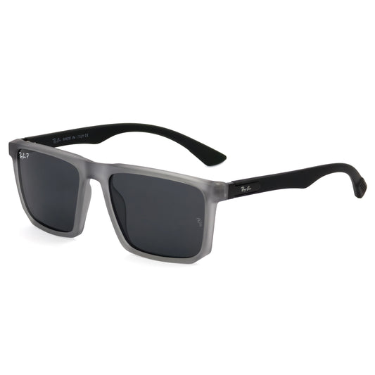 Sunglasses with black frames and dark lenses on a white background