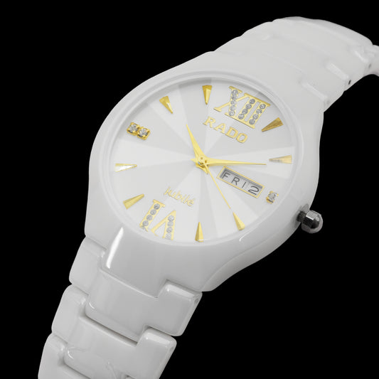 White watch with gold accents on a clear background