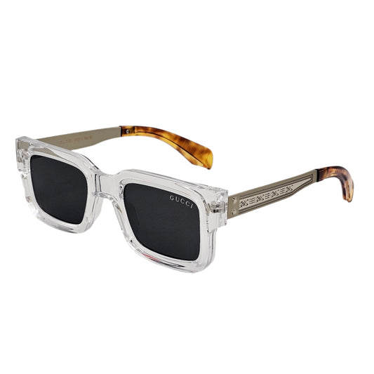 A pair of Gucci stylish sunglasses with a clear frame and dark lenses, featuring the brand's logo on the side.