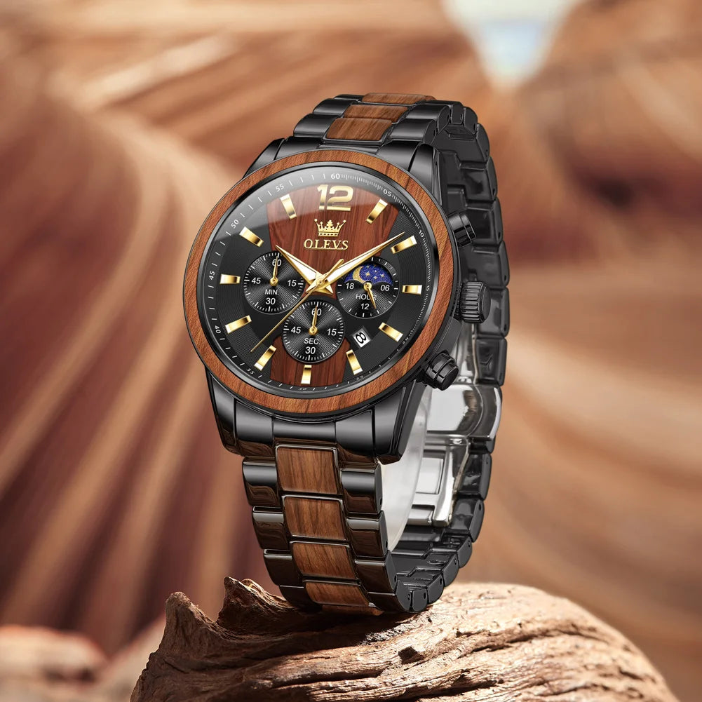Luxury watch with wooden and metal strap on a wooden surface