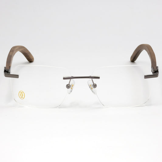 Eyeglasses with brown and gold frame on a white background