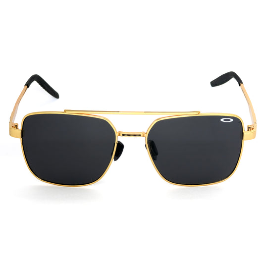 Gold-framed sunglasses with black lenses on a white background