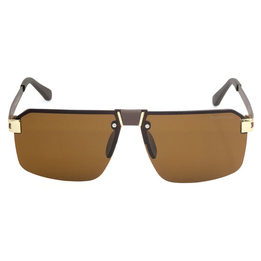 Sunglasses with brown lenses and gold accents on a white background