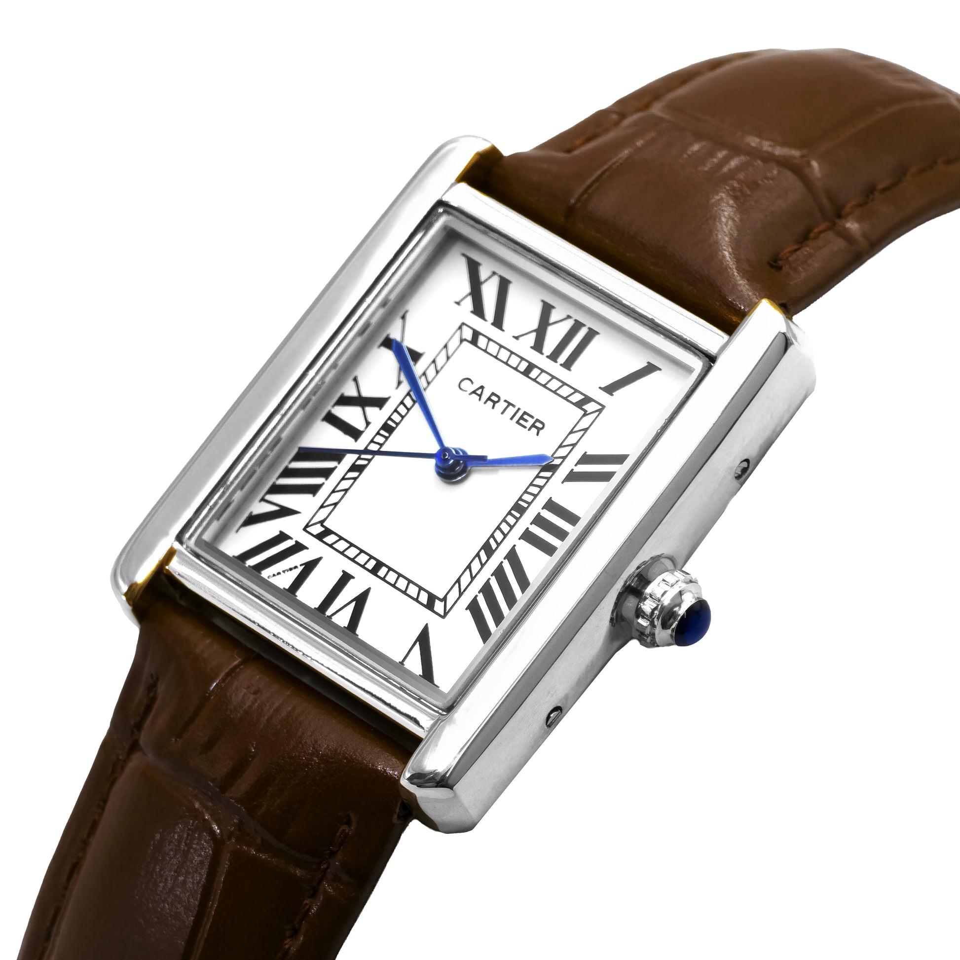 Cartier watch with brown leather strap and silver case on white background