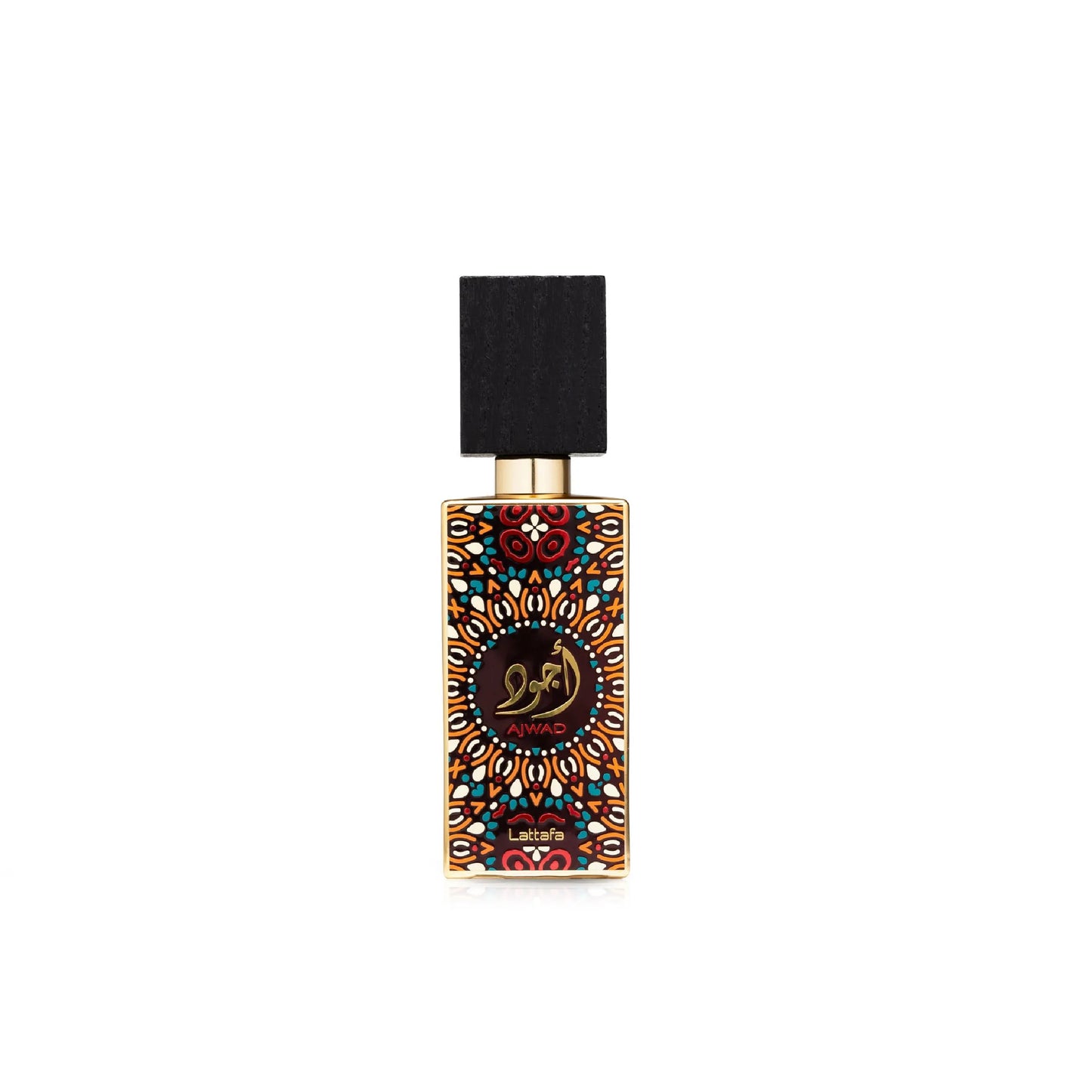 Perfume bottle with decorative label on a white background