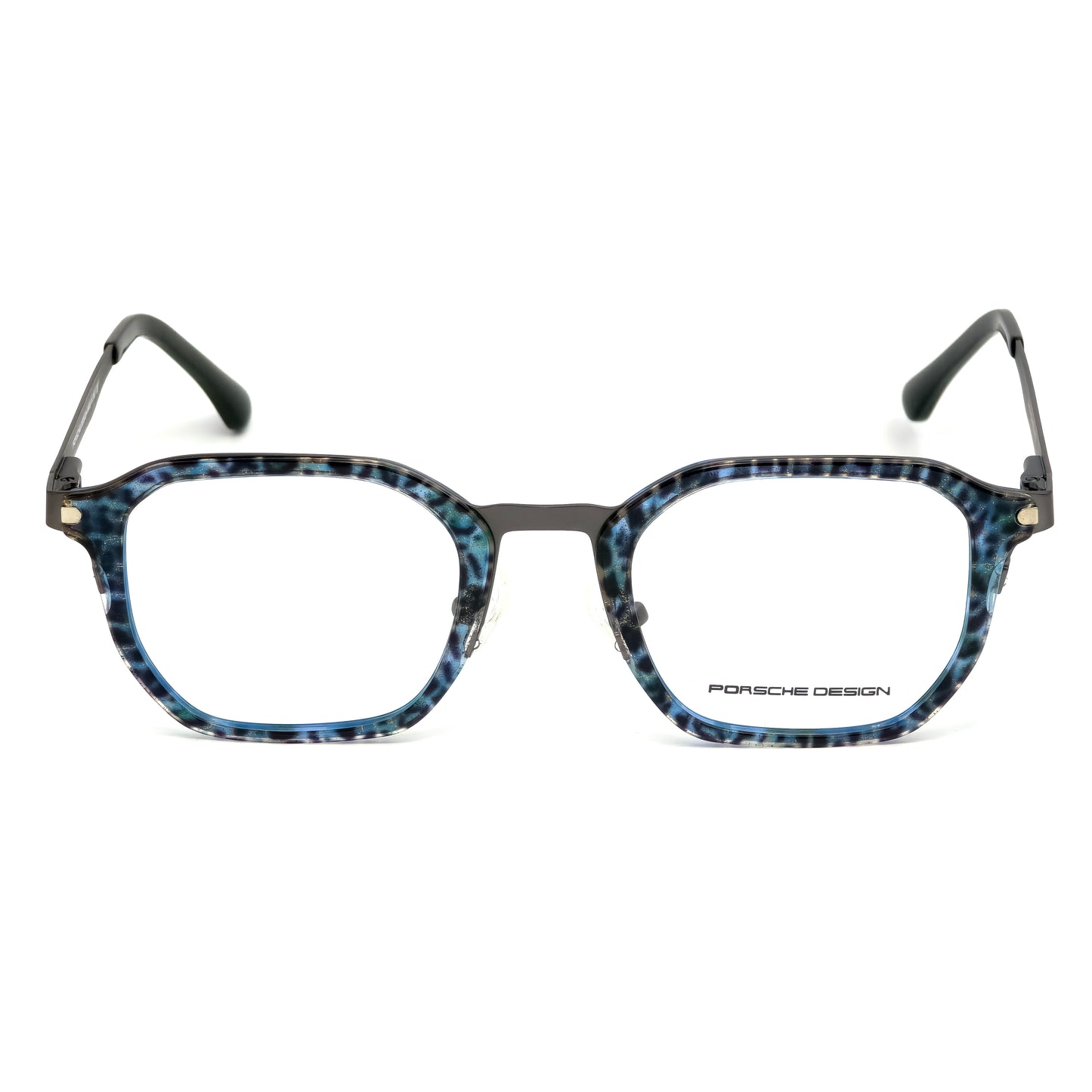 Blue and black patterned eyeglasses with Porsche Design logo on a white background