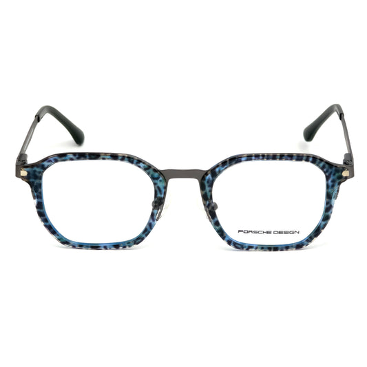 Blue and black patterned eyeglasses with Porsche Design logo on a white background