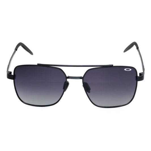 Sunglasses with black frame and gradient lenses on a white background