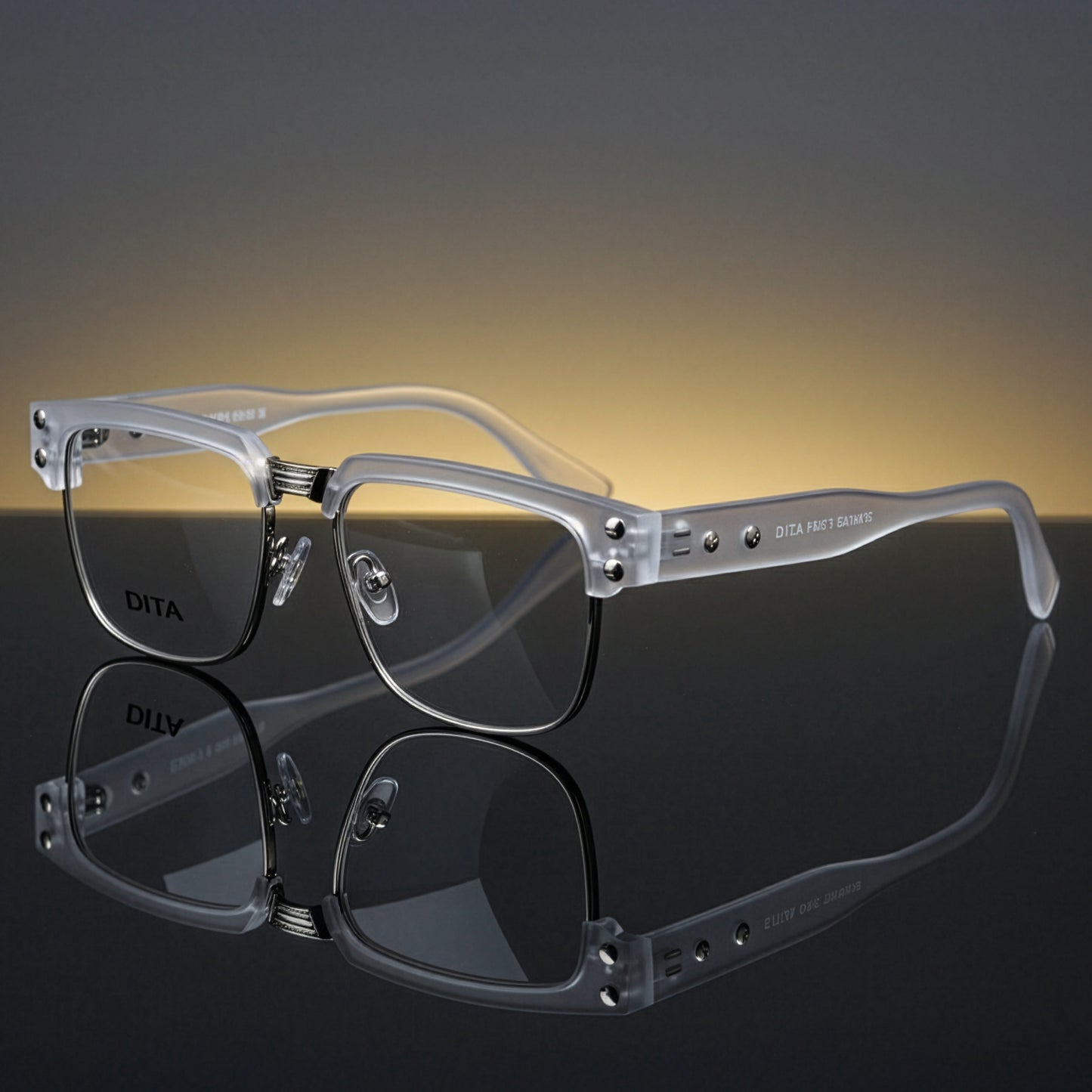 Clear eyeglasses with 'DITA' branding on a reflective surface with a gradient background.