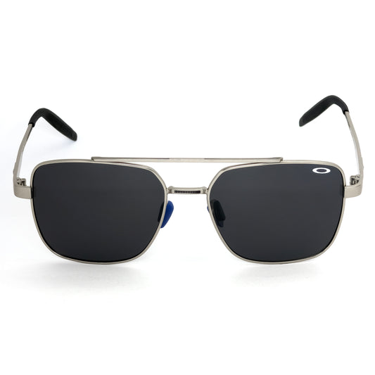 Sunglasses with silver frame and dark lenses on a white background