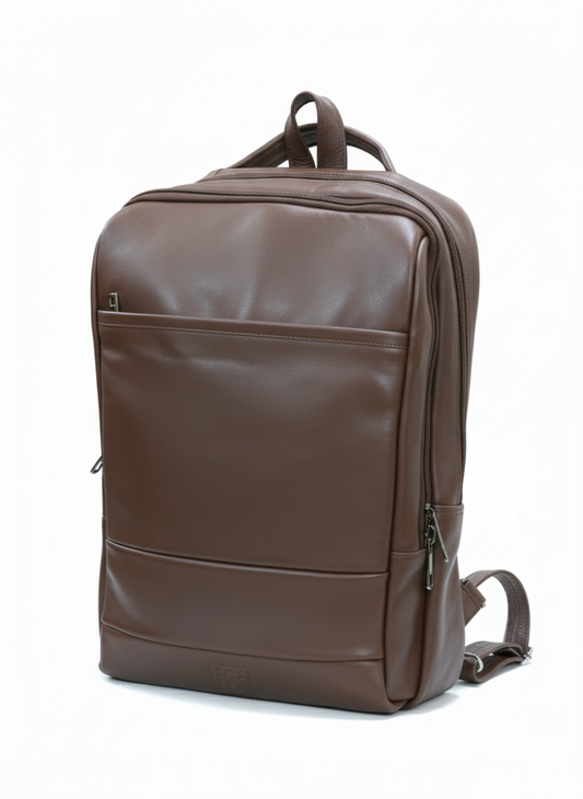 Brown leather backpack on a white background