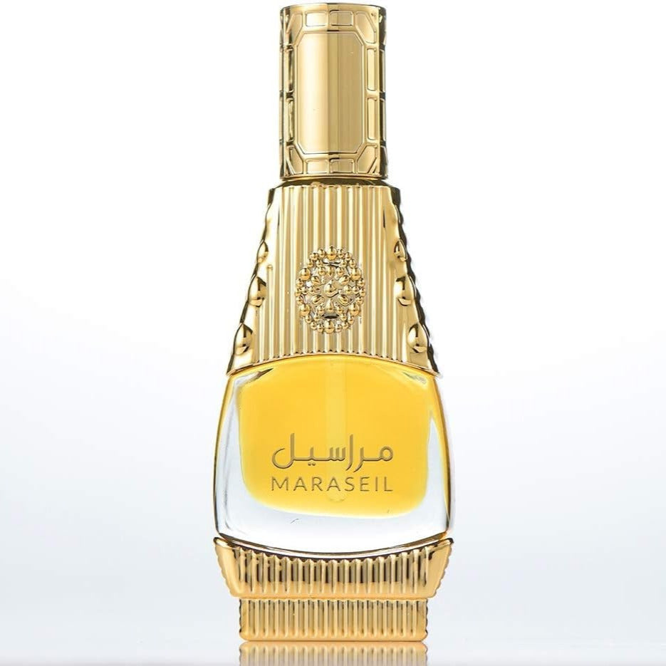 Gold and clear perfume bottle with 'Maraseil' branding on a white background