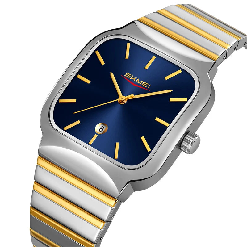 Wristwatch with blue dial and gold accents on a white background