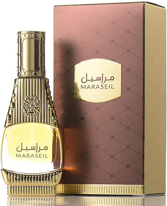 Gold perfume bottle and packaging with 'Maraseil' branding on a white background