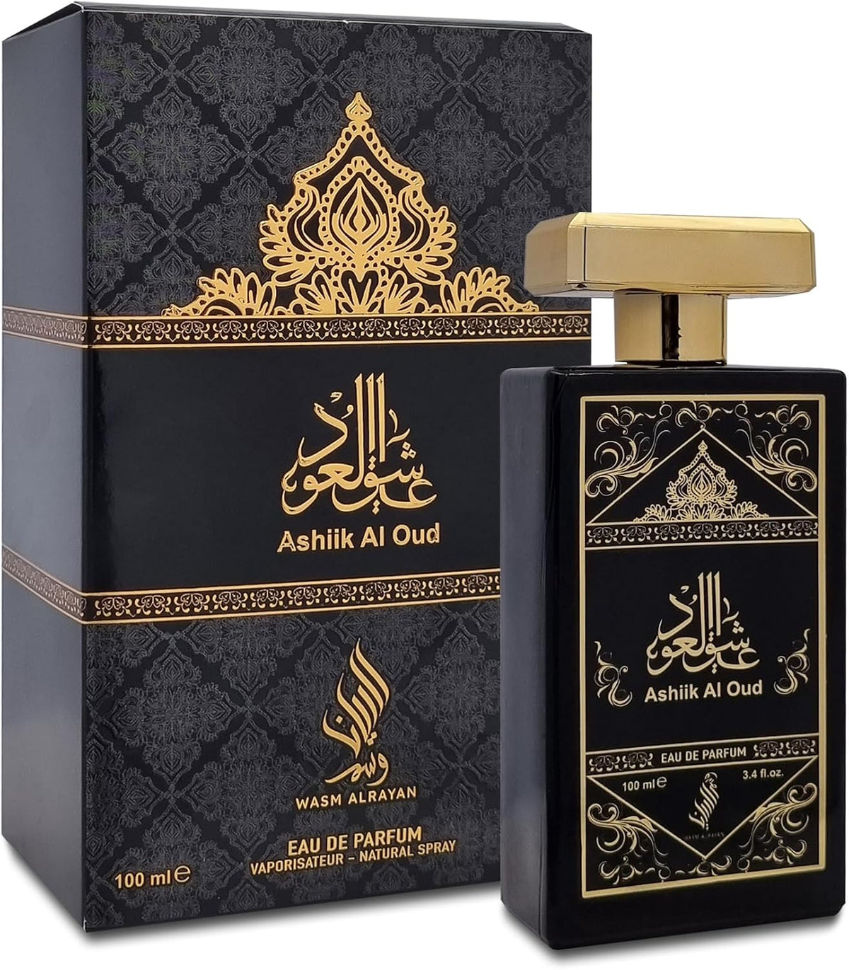 A bottle and box of Ashiik Al Oud Eau de Parfum by Wash Al Rayyan, featuring a black and gold ornate design.