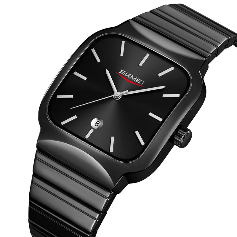 Black wristwatch with a square face on a white background