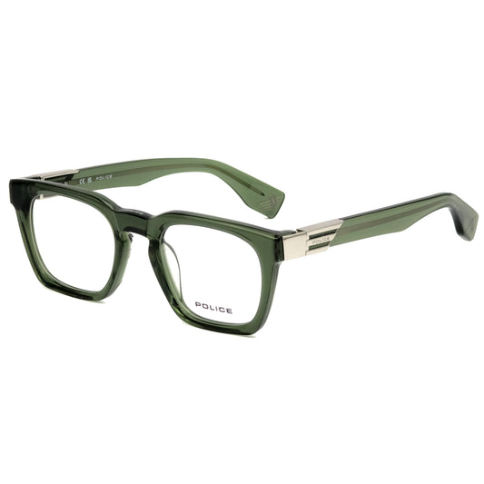 Green eyeglasses with 'Police' branding on a white background