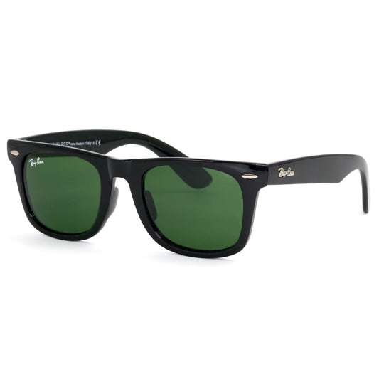 Black sunglasses with green lenses on a white background