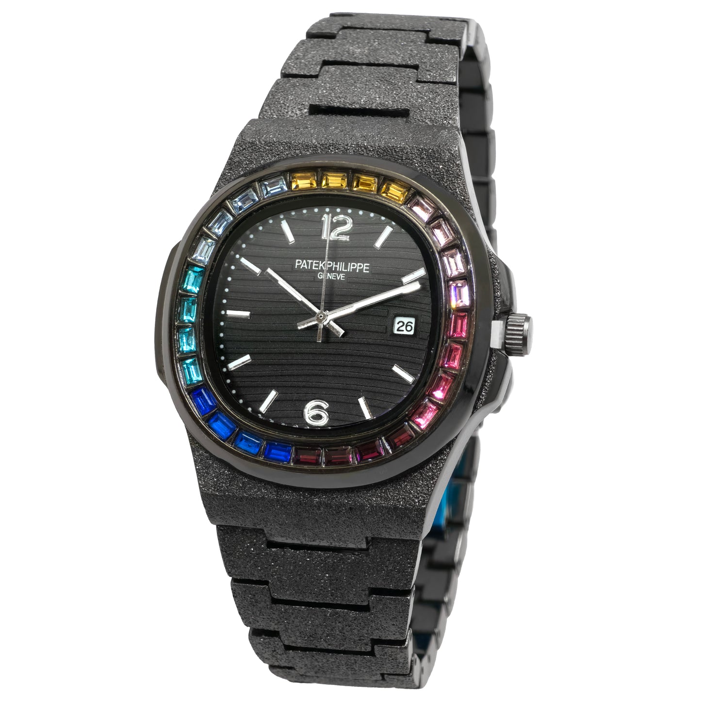 Luxury watch with black dial and colorful bezel on a white background