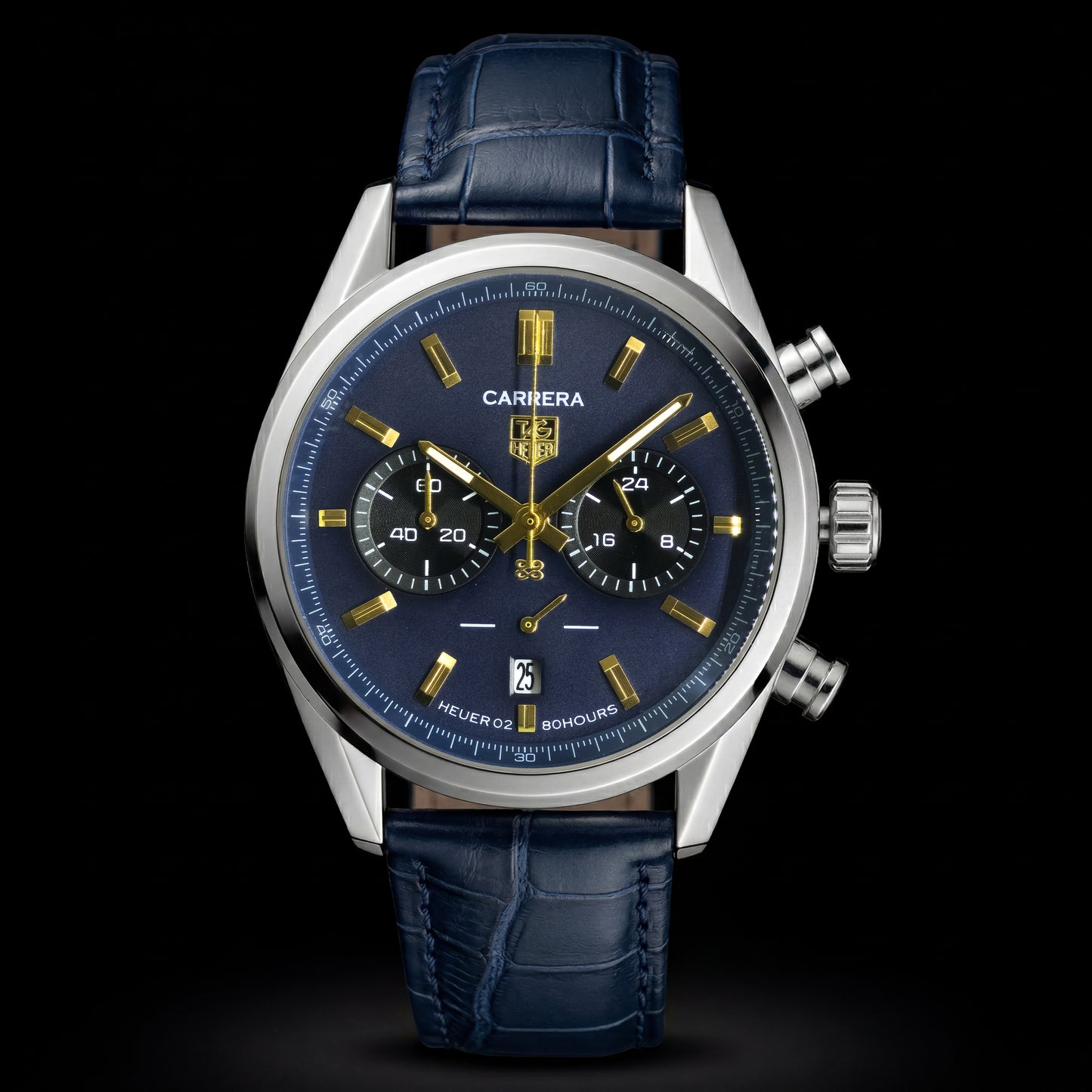 Carrera watch with blue strap and blue dial on a black background
