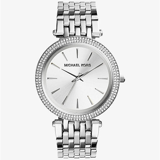 Silver watch with a detailed face on a white background