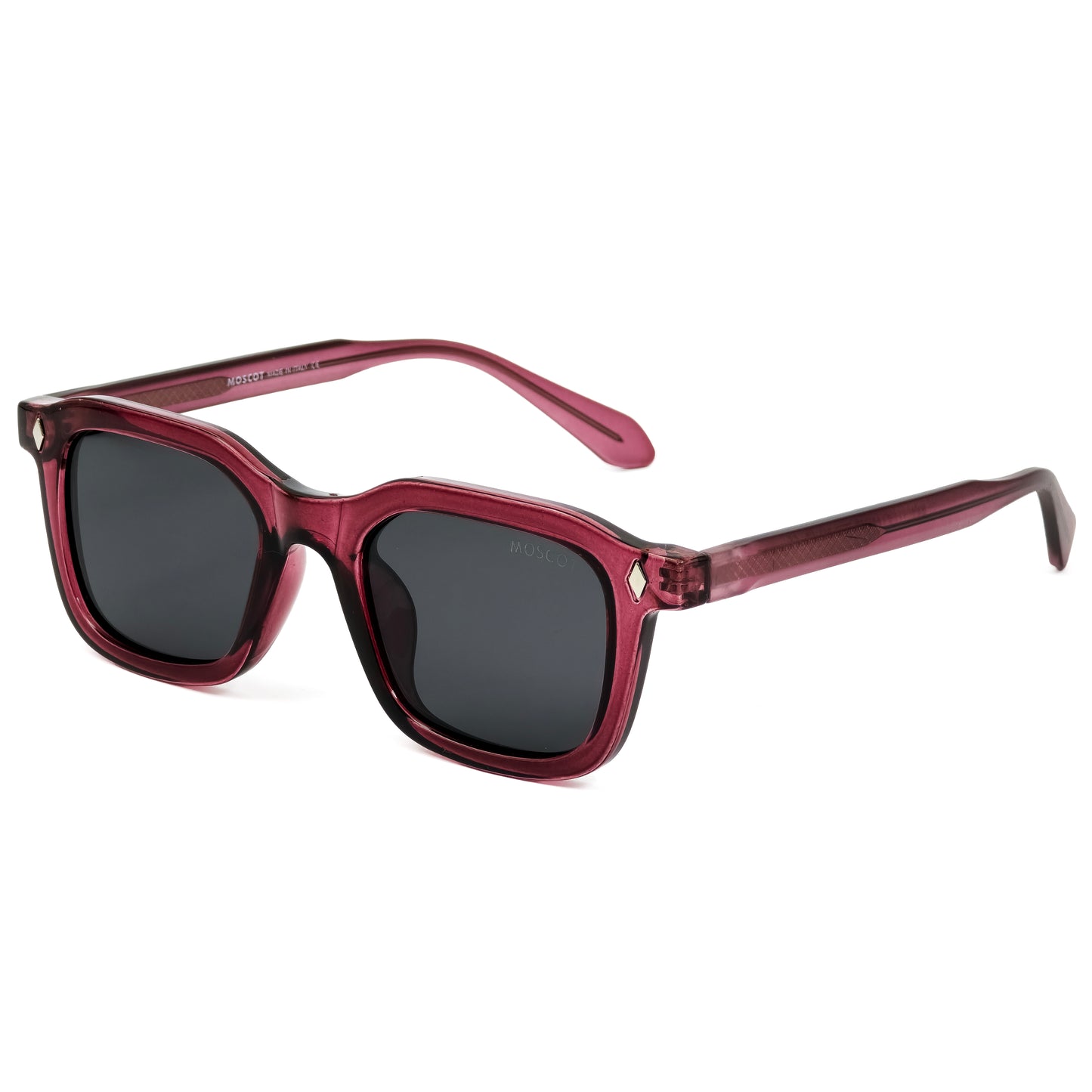 Sunglasses with red frame and dark lenses on a white background