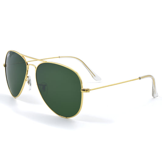 A pair of Rayban Aviator sunglasses with green lenses and gold frame.