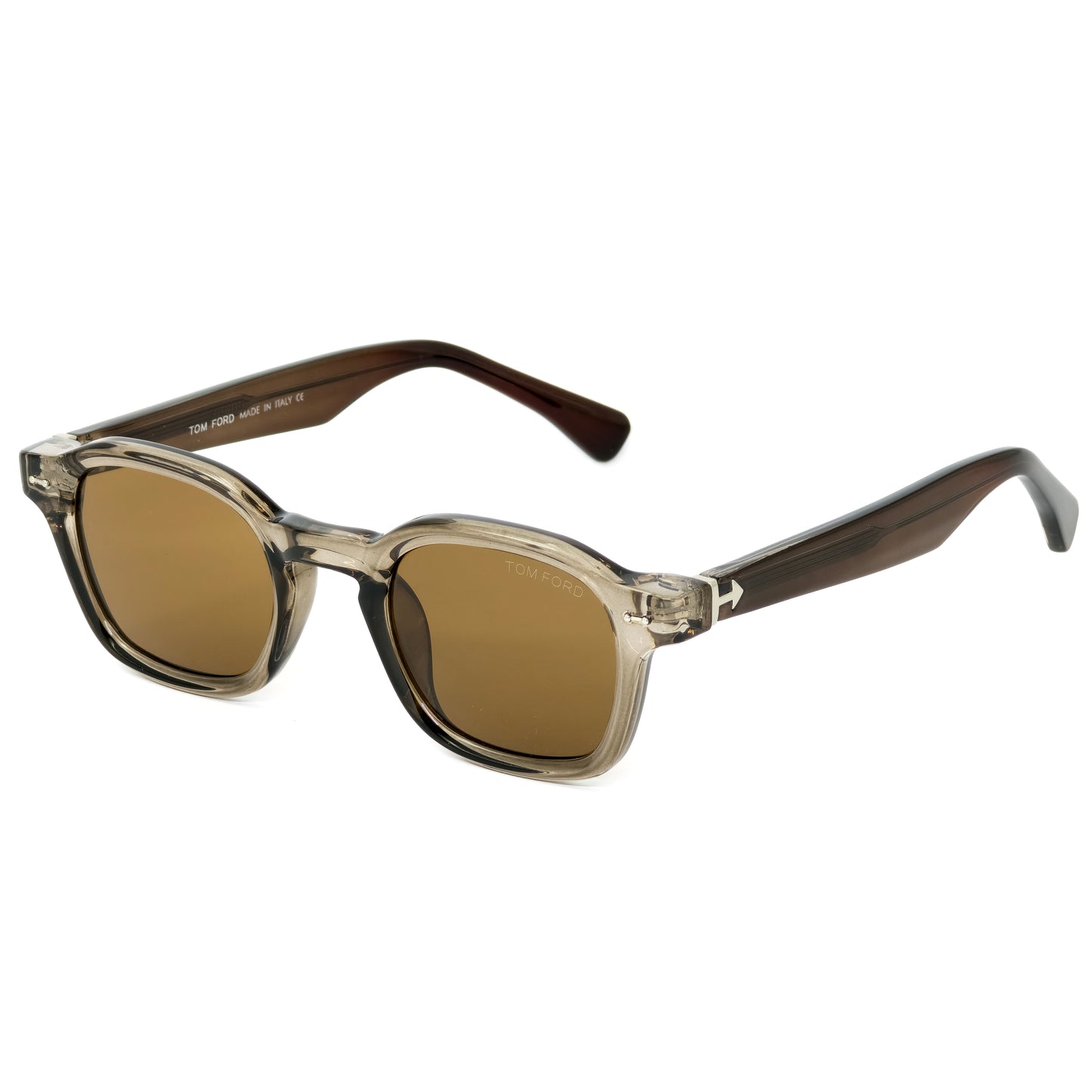 Sunglasses with clear frame and brown lenses on a white background