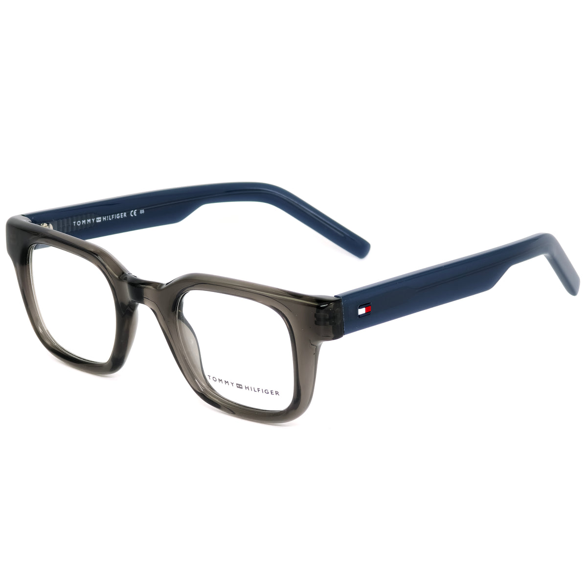 Tommy Hilfiger eyeglasses with blue and gray frame on a white background