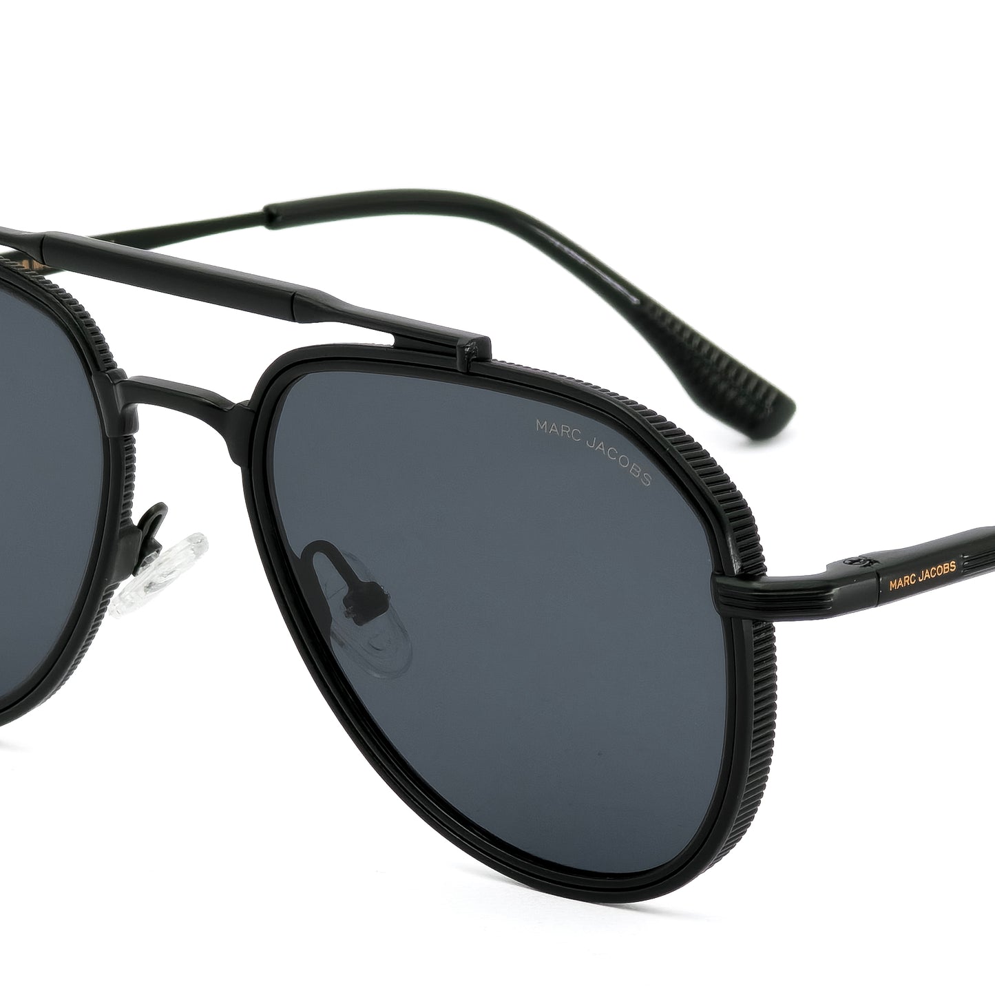 Black sunglasses with 'Marc Jacobs' branding on a white background