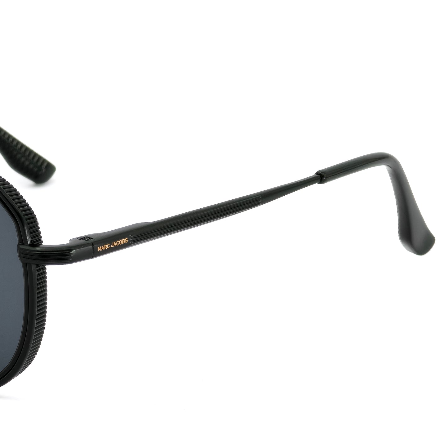 Black sunglasses with 'Marc Jacobs' branding on a white background