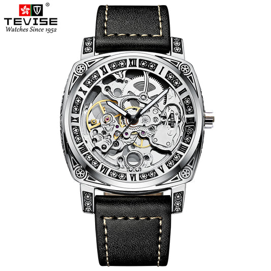 Tevise watch with black leather strap and visible mechanical components on a white background