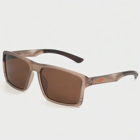 A pair of brown polarized sunglasses with a metal frame and temples.
