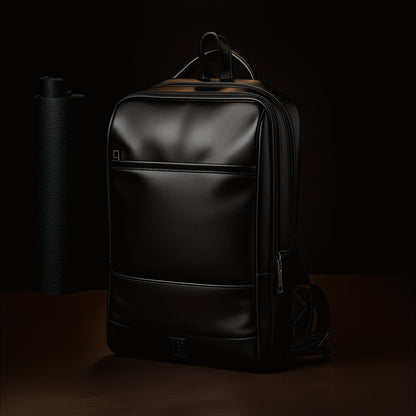 Black backpack on a dark background