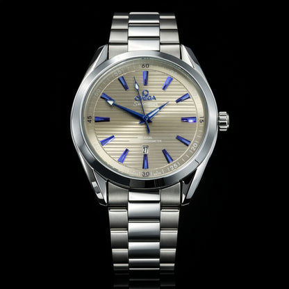 Silver watch with a detailed face on a black background
