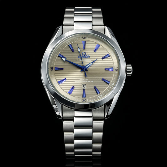 Silver watch with a detailed face on a black background