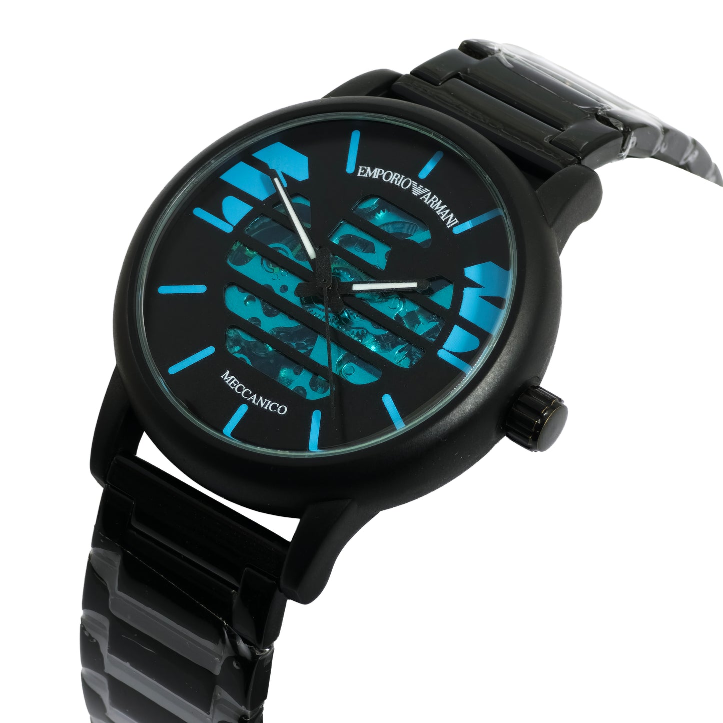 Black Emporio Armani watch with blue accents on a white background